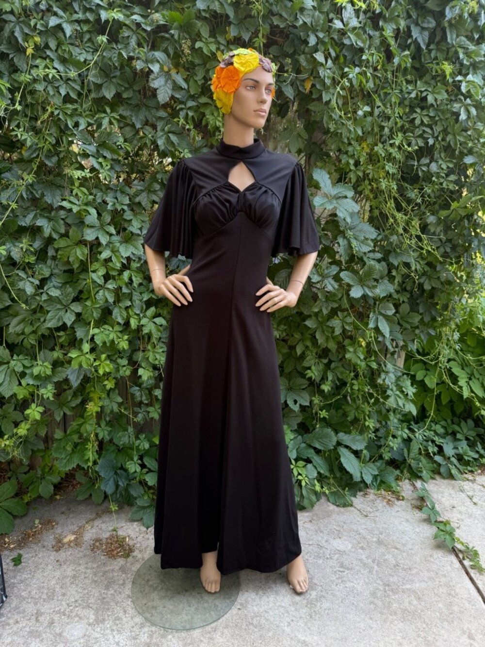 70s Algo Black Angel Sleeve Maxi Dress Peekaboo bodice Goth Formal Waist 32-38”